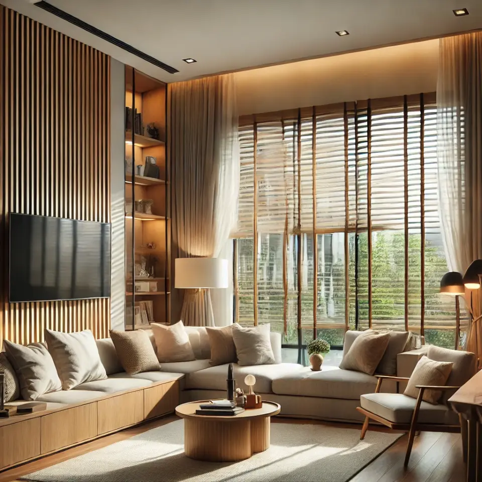Nowoczesne wnętrze z eleganckimi roletami i drewnianymi żaluzjami na dużych oknach.