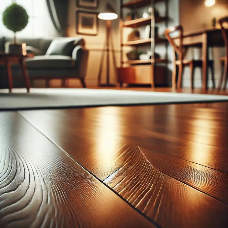 Drewniana podłoga zabezpieczona przed wilgocią, z widoczną warstwą ochronną i ciepłym oświetleniem.