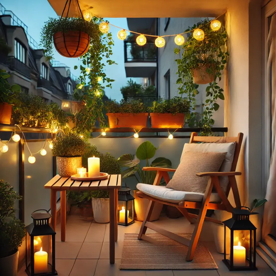 Przytulny balkon na letnie wieczory z girlandami świetlnymi, roślinami i drewnianym stolikiem z świecami.